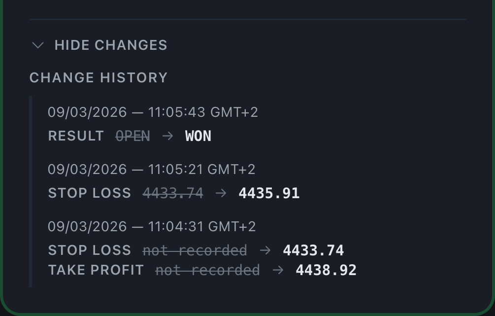 Change history of the same trade in the Vision Alerts app: stop and target set, stop moved, result won